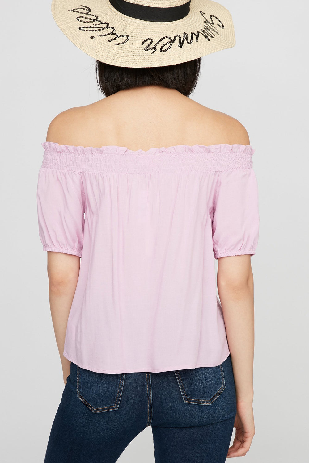 Women Off The Shoulder Smocked Lace-Up Button-Up Blouse Pink