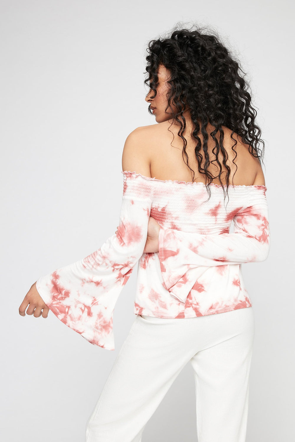 Women Off The Shoulder Tie-Dye Smocked Bell Sleeve Blouse Pink