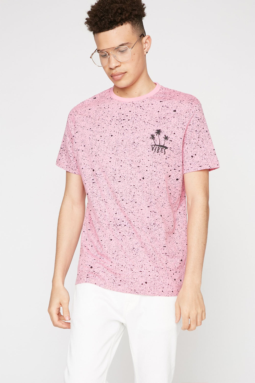 Men Paint Splatter Palm Tree Vibes Graphic T-Shirt Pink