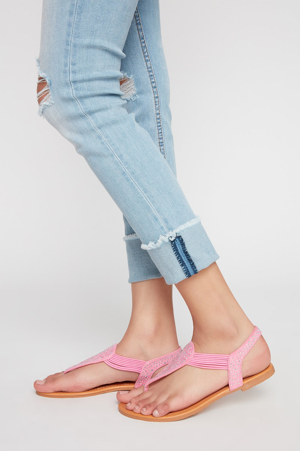 Women Rhinestone Elastic T-Bar Sandal Pink
