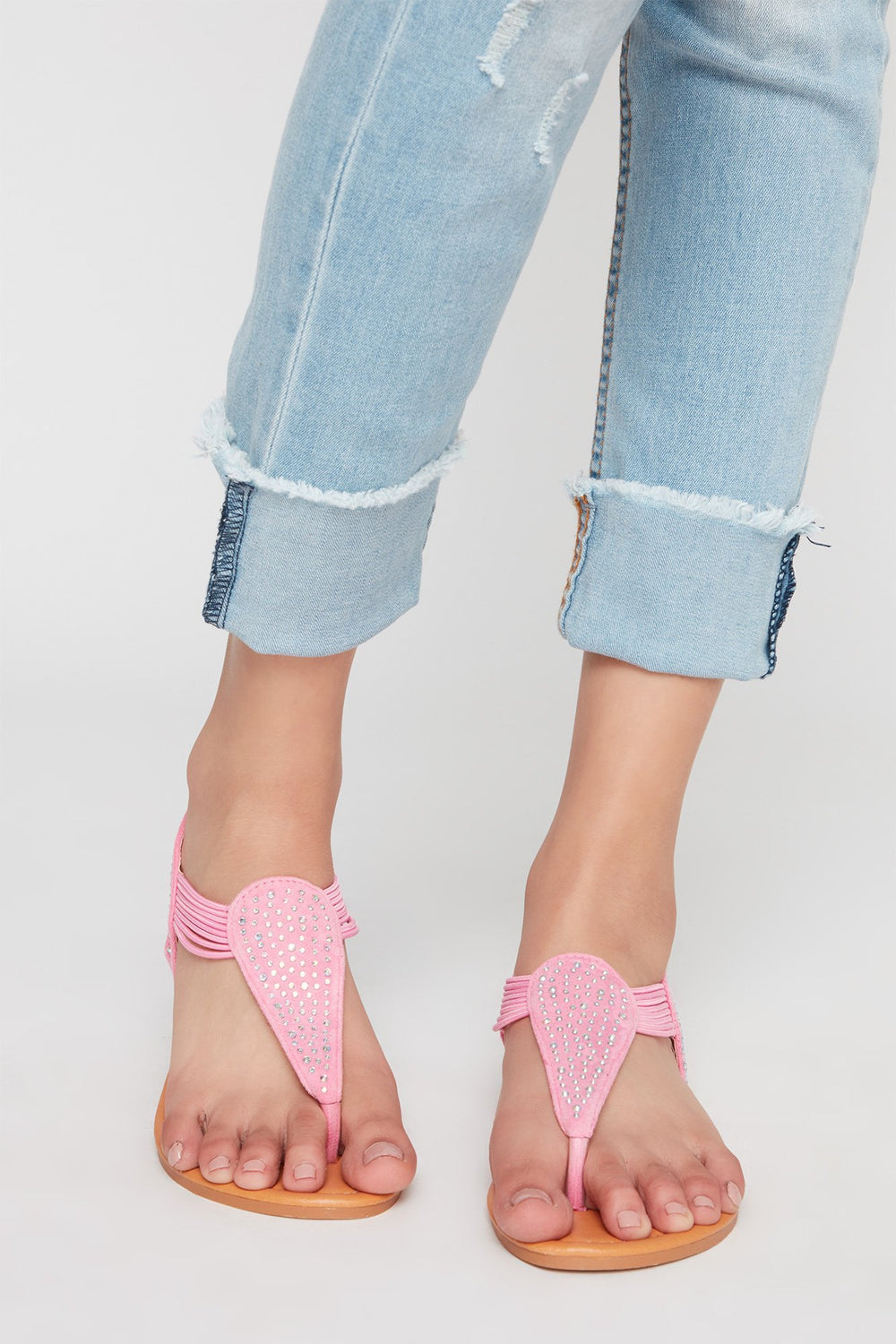 Women Rhinestone Elastic T-Bar Sandal Pink