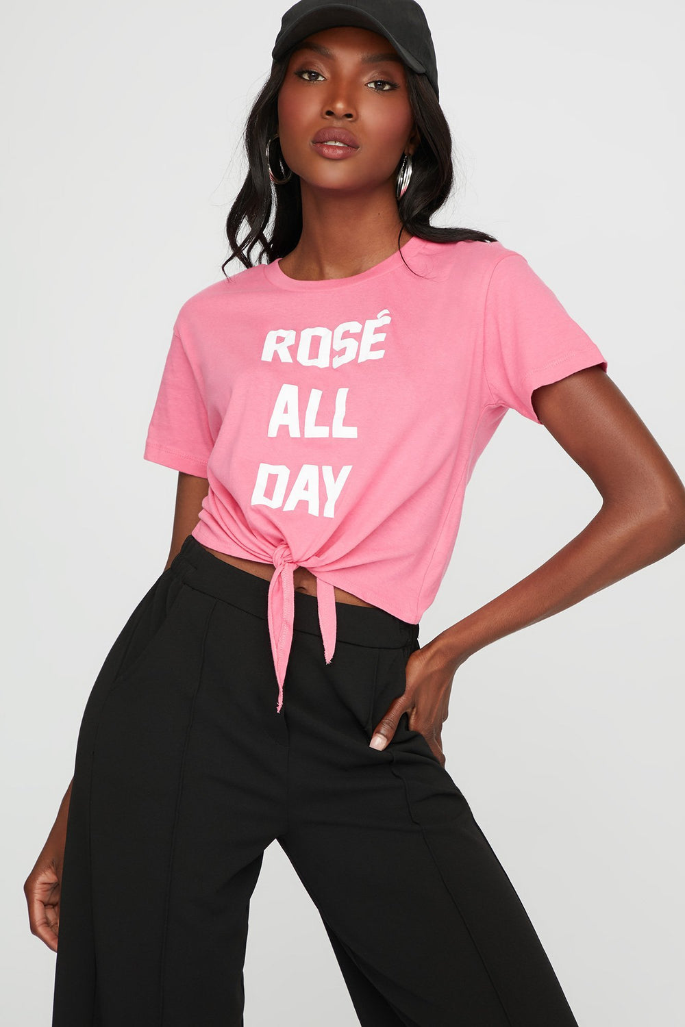 Women Rose All Day Front-Knot Cropped Graphic T-Shirt Pink