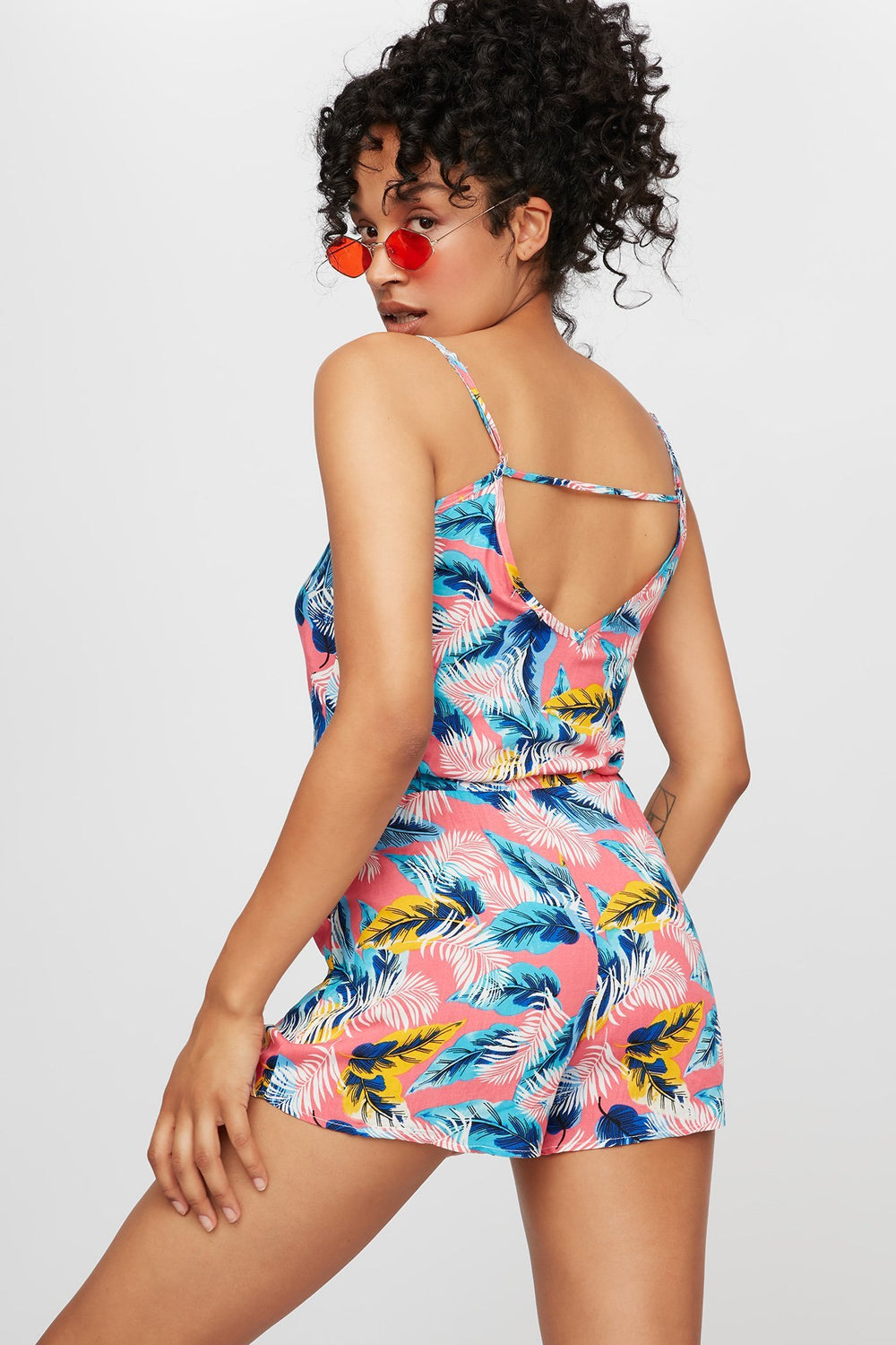 Women Tropical Floral Drawstring Romper Pink