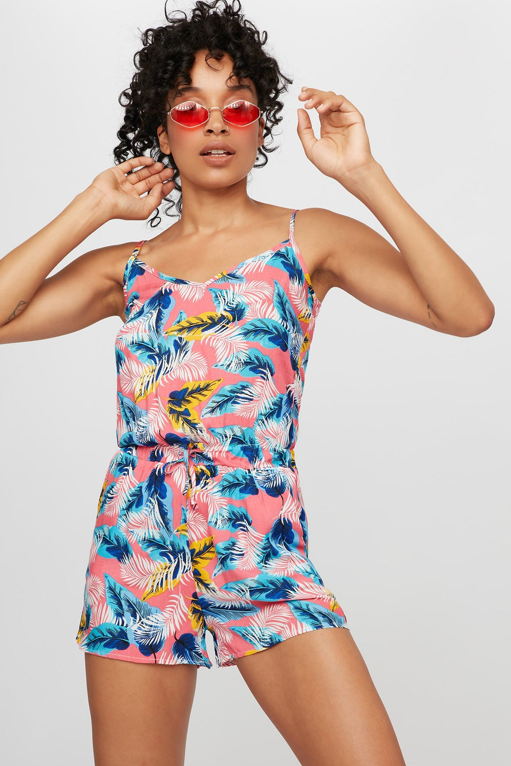 Women Tropical Floral Drawstring Romper Pink