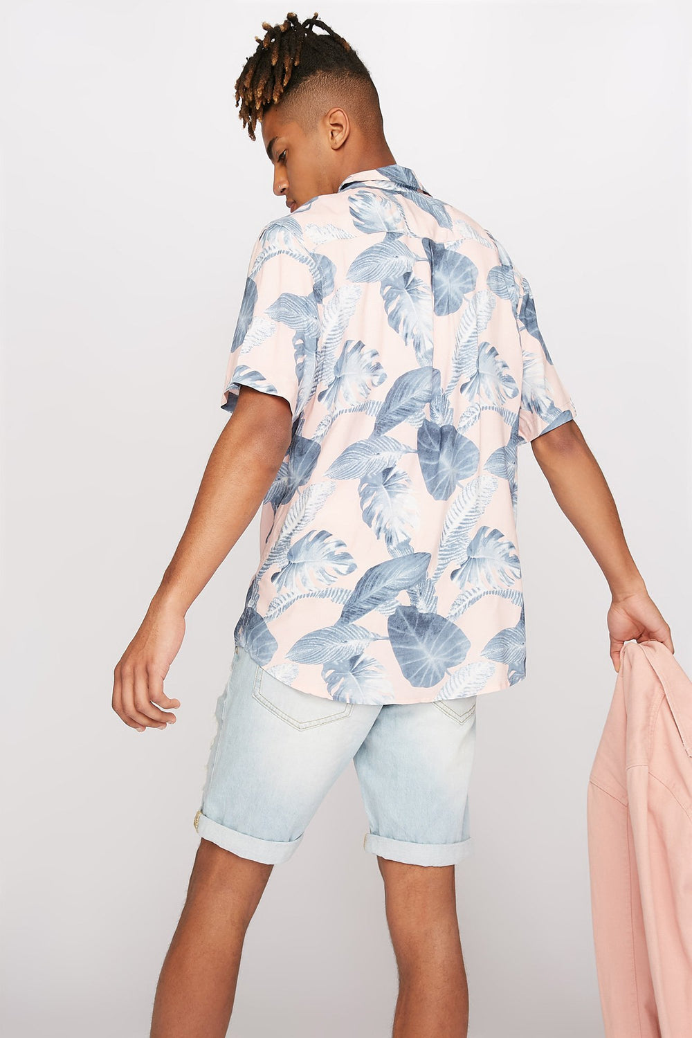 Men Tropical Floral Printed Button-Up Short Sleeve Shirt Pink
