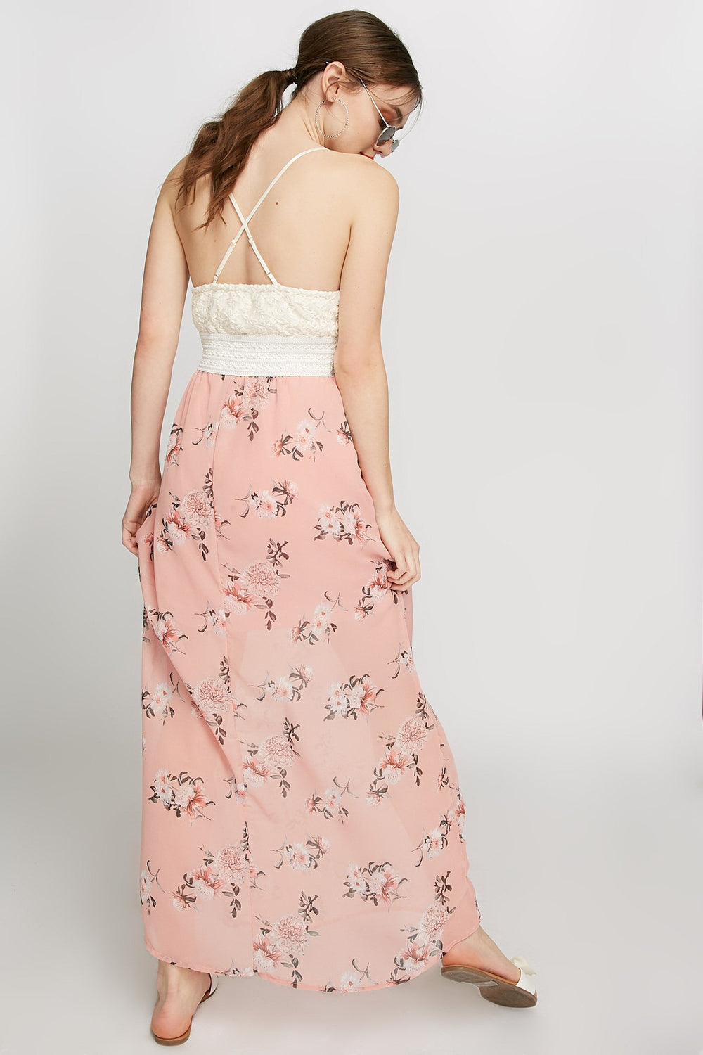Women V-Neck Lace Woven Floral Maxi Dress Pink