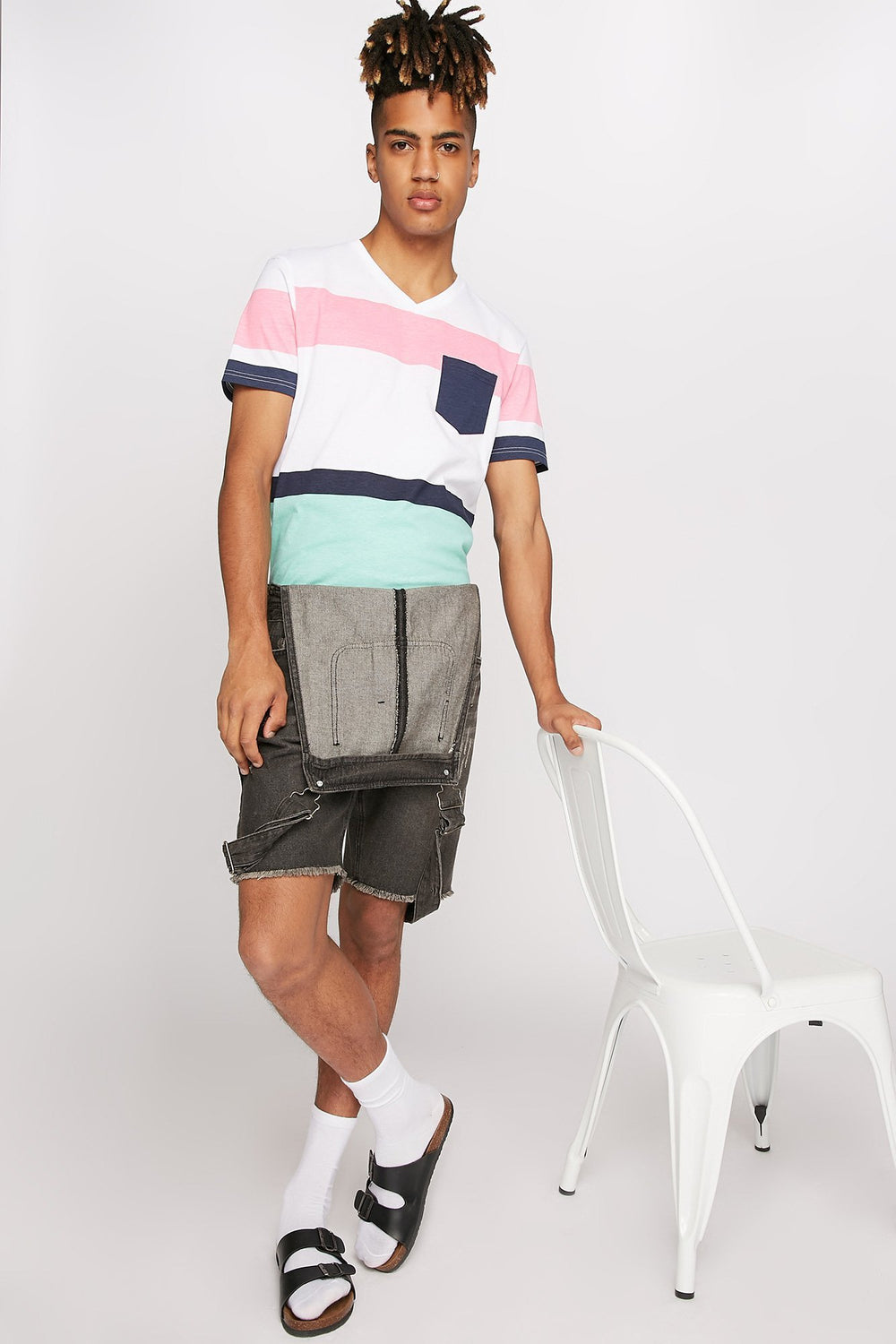 Men V-Neck Striped Pocket T-Shirt Pink