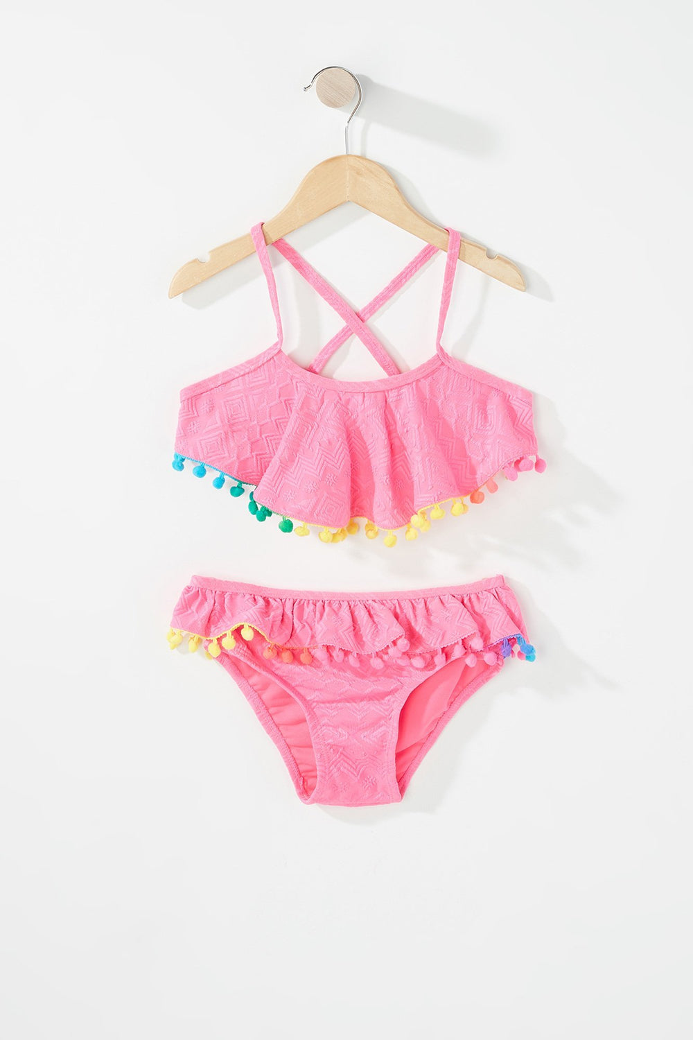 Kids Baby Girl 2-Piece Pom Pom Tassel Ruffle Bikini Pink