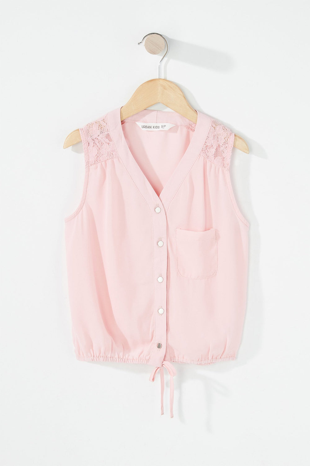 Kids Girls Button-Up Drawstring Cropped Blouse Pink