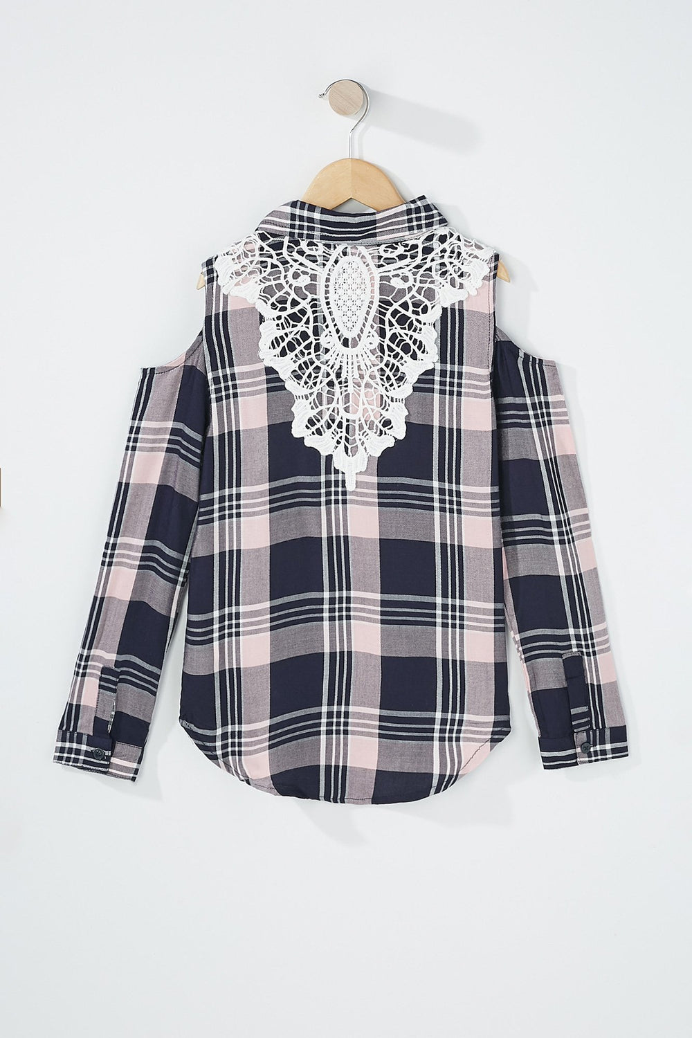 Kids Girls Cold Shoulder Crochet Back Plaid Long Sleeve Blouse Pink