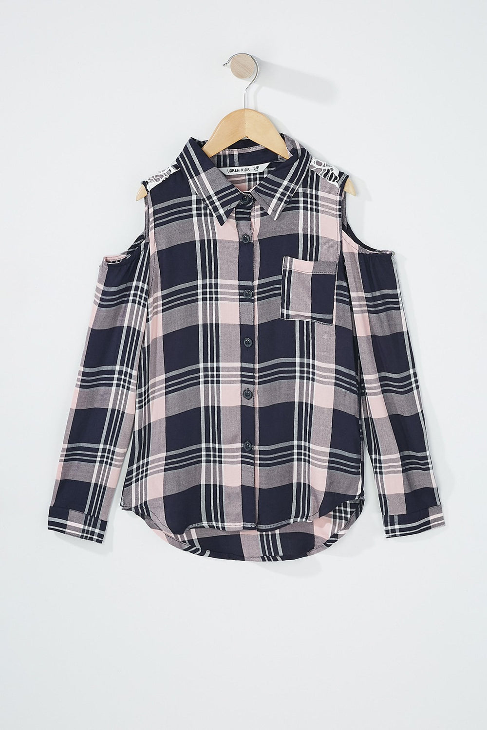 Kids Girls Cold Shoulder Crochet Back Plaid Long Sleeve Blouse Pink