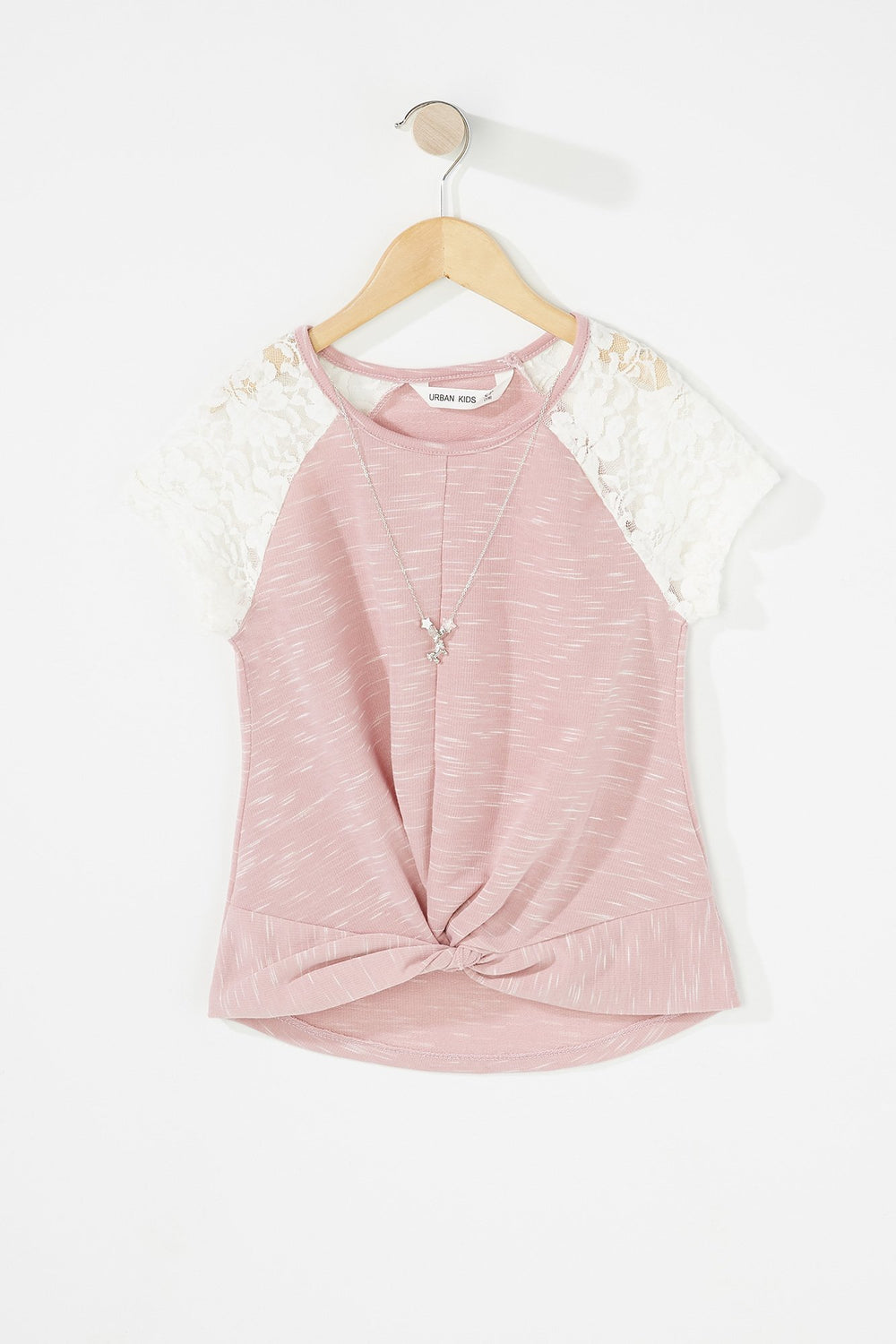 Kids Girls Lace Sleeve Front-Knot T-Shirt With Necklace Pink