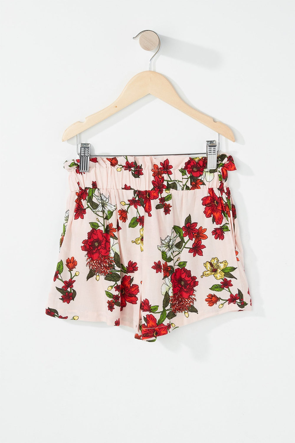 Kids Girls Ruffle Printed Paperbag Self-Tie Short Pink