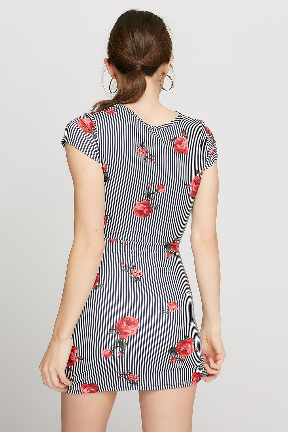 Women Printed Front-Knot Peek-A-Boo Bodycon Dress Pinstripe