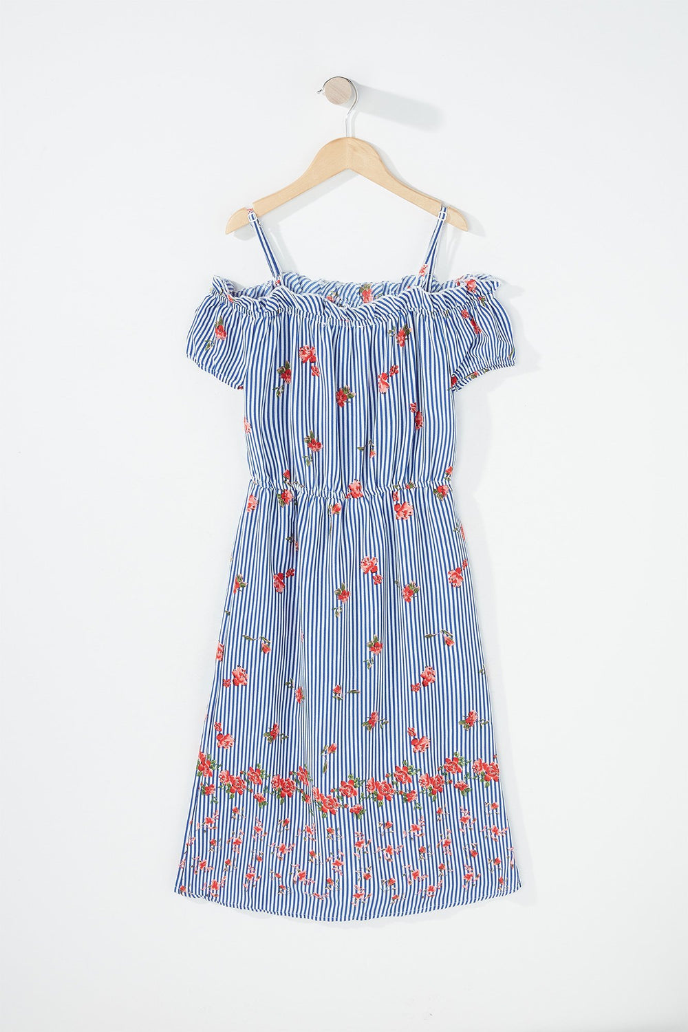 Kids Girls Ruffle Cold Shoulder Floral Drawstring Walkthrough Romper Pinstripe