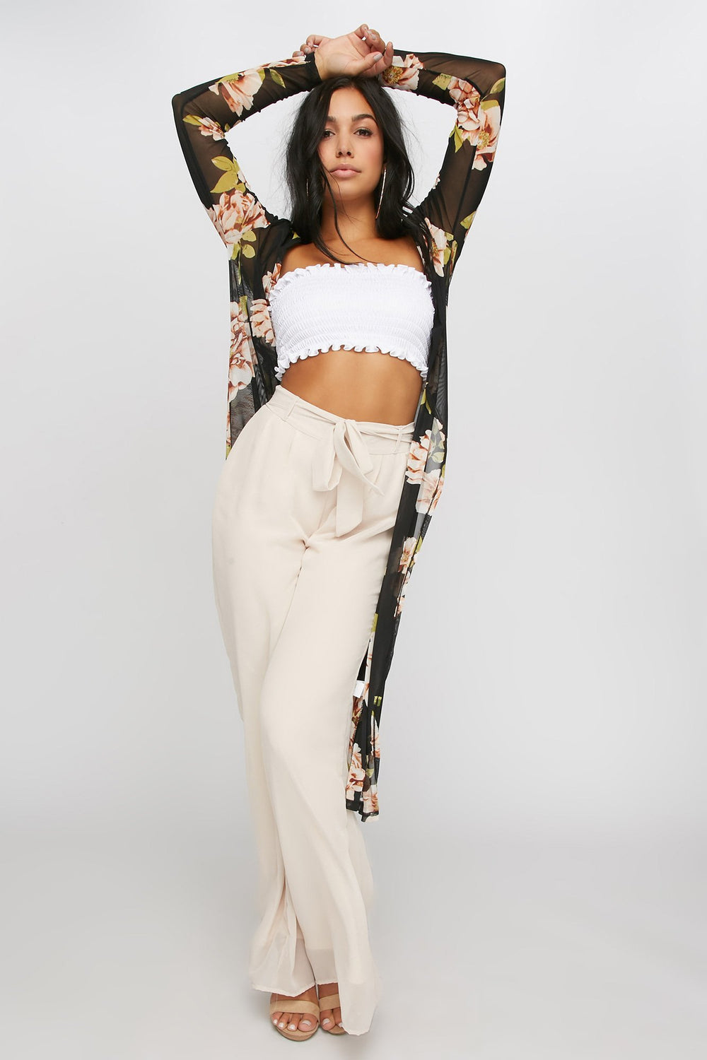 Women Floral Mesh Longline Kimono Cardigan Plaid