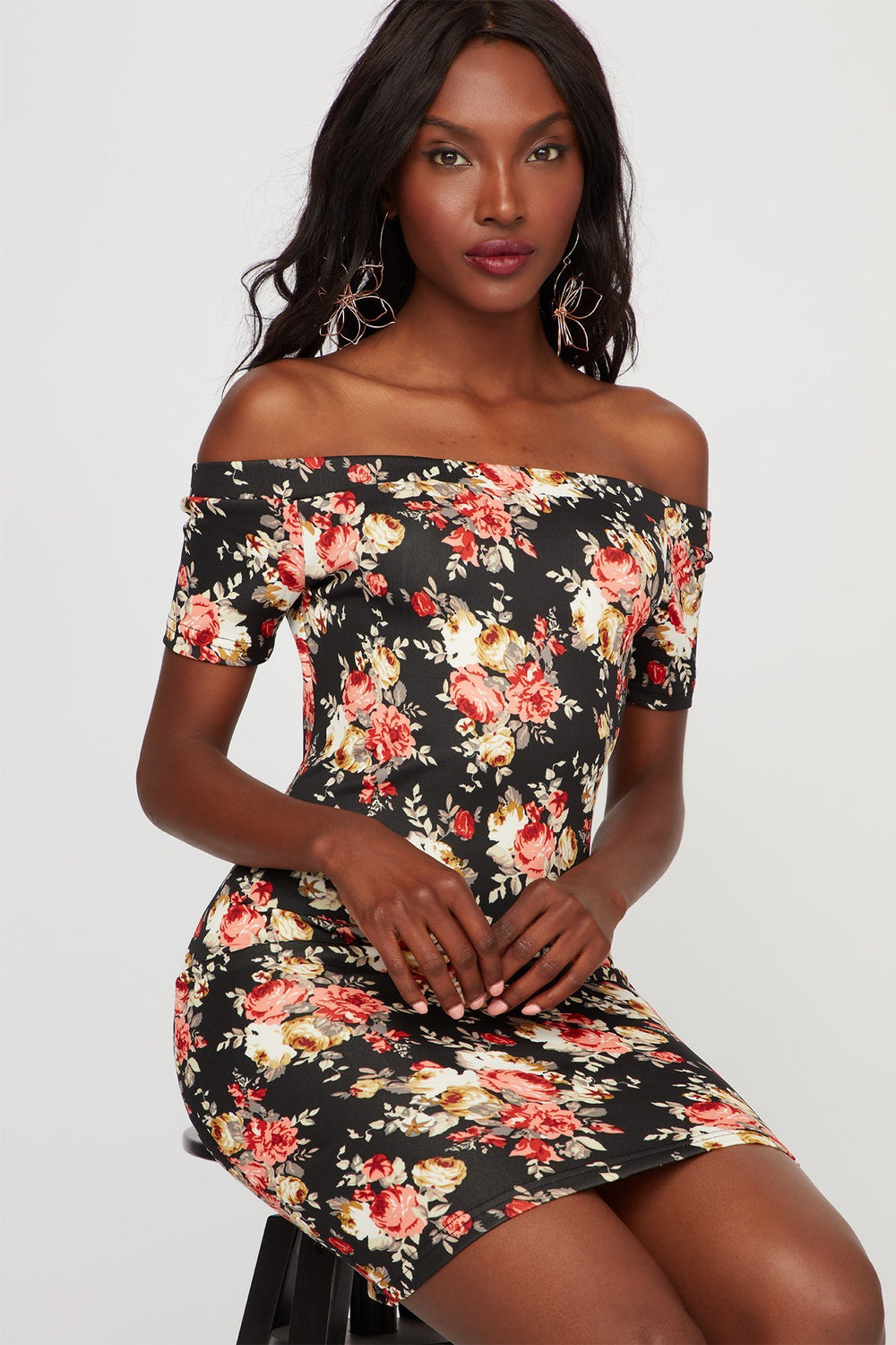 Women Off The Shoulder Floral Bodycon Mini Dress Plaid