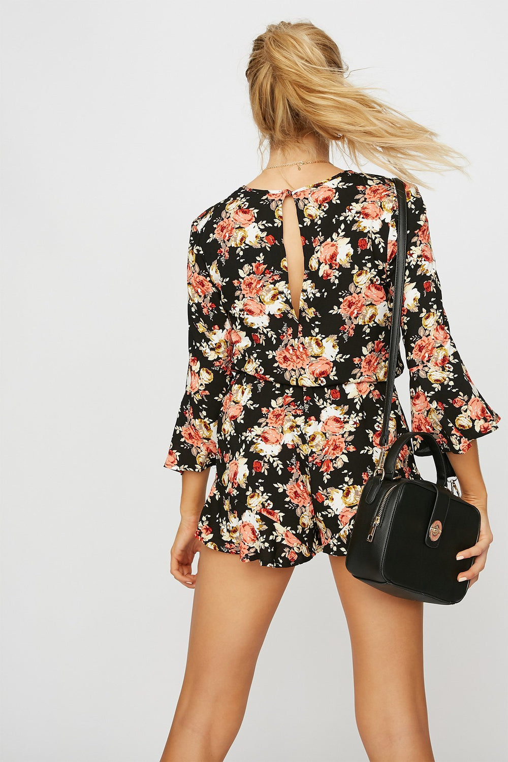 Women Printed Faux-Wrap Bell Sleeve Romper Plaid