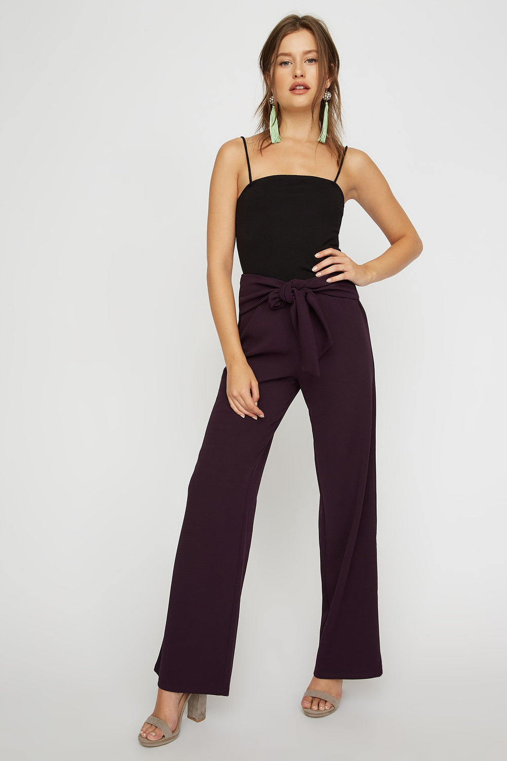 Women Self-Tie Wide Leg Pant Plum