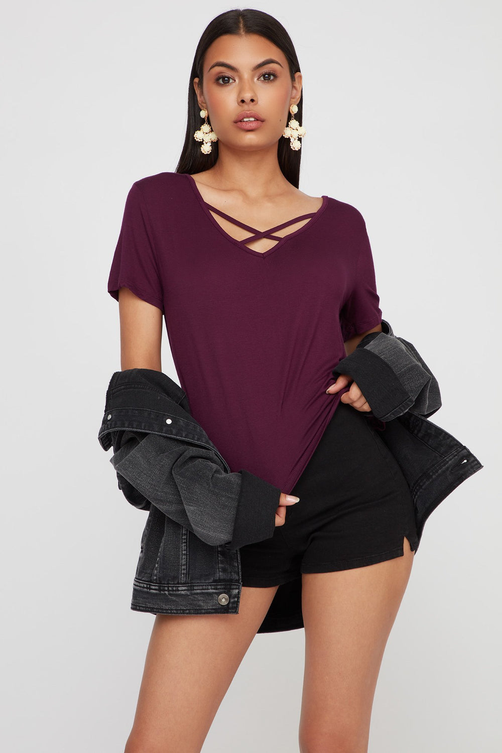 Women Caged-Neck Lightweight Basic T-Shirt Plum