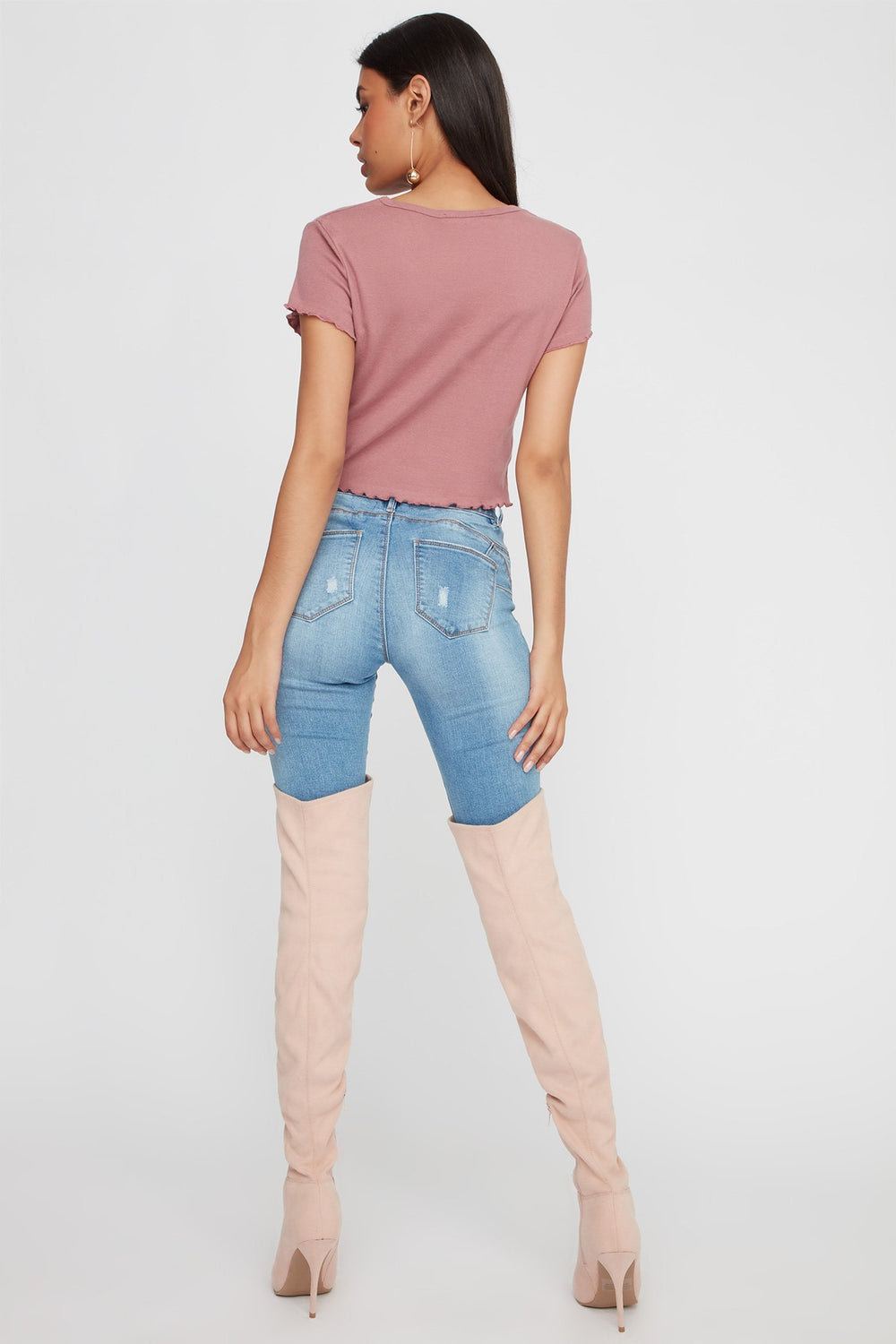 Women Lettuce Hem Cropped Ribbed T-Shirt Plum
