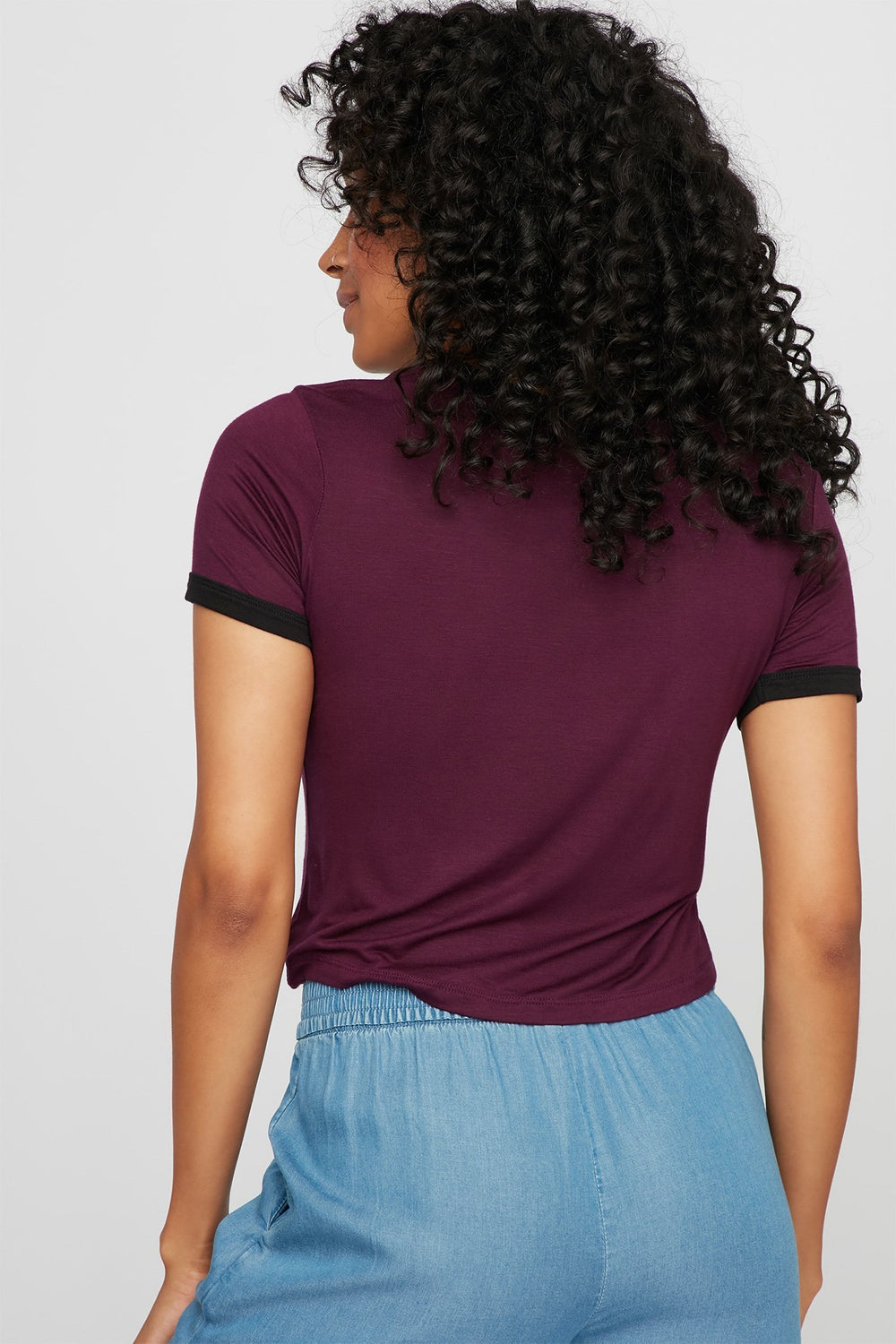 Women Lightweight Coloured Ringer T-Shirt Plum