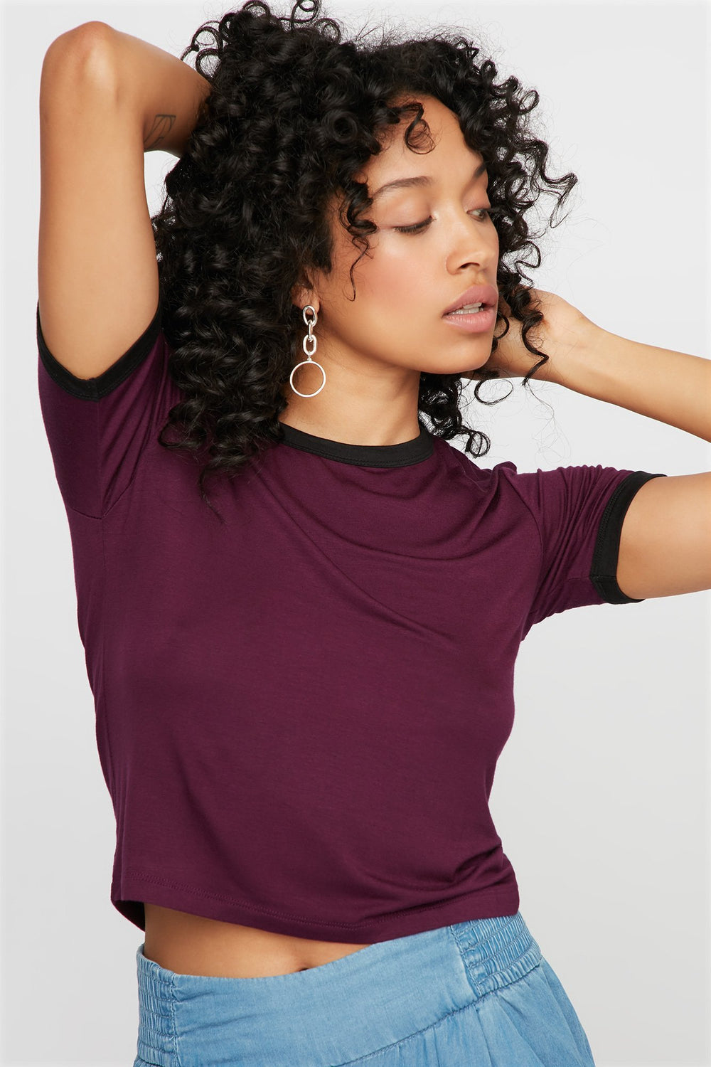 Women Lightweight Coloured Ringer T-Shirt Plum