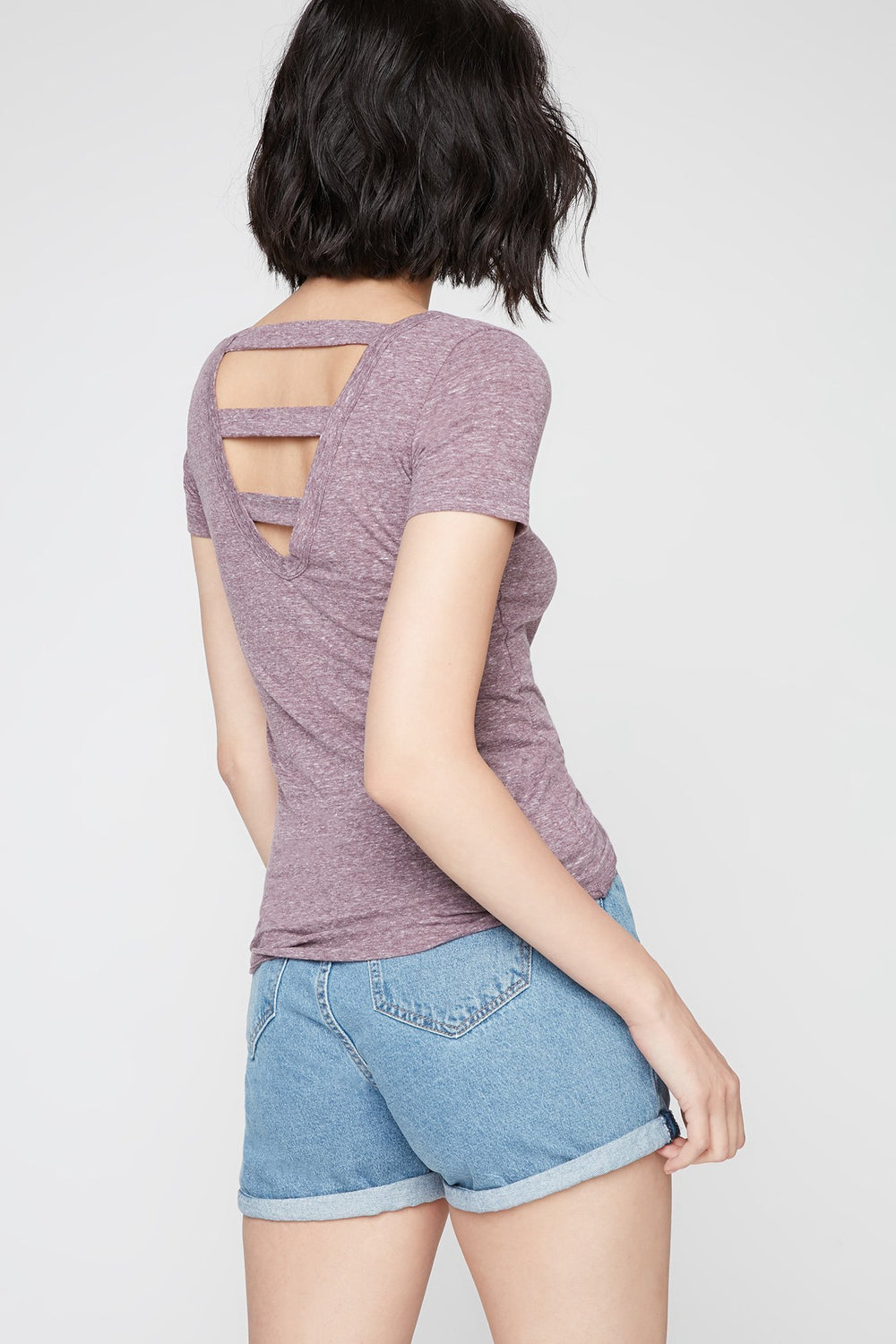 Women Open-Back Caged Lightweight T-Shirt Plum
