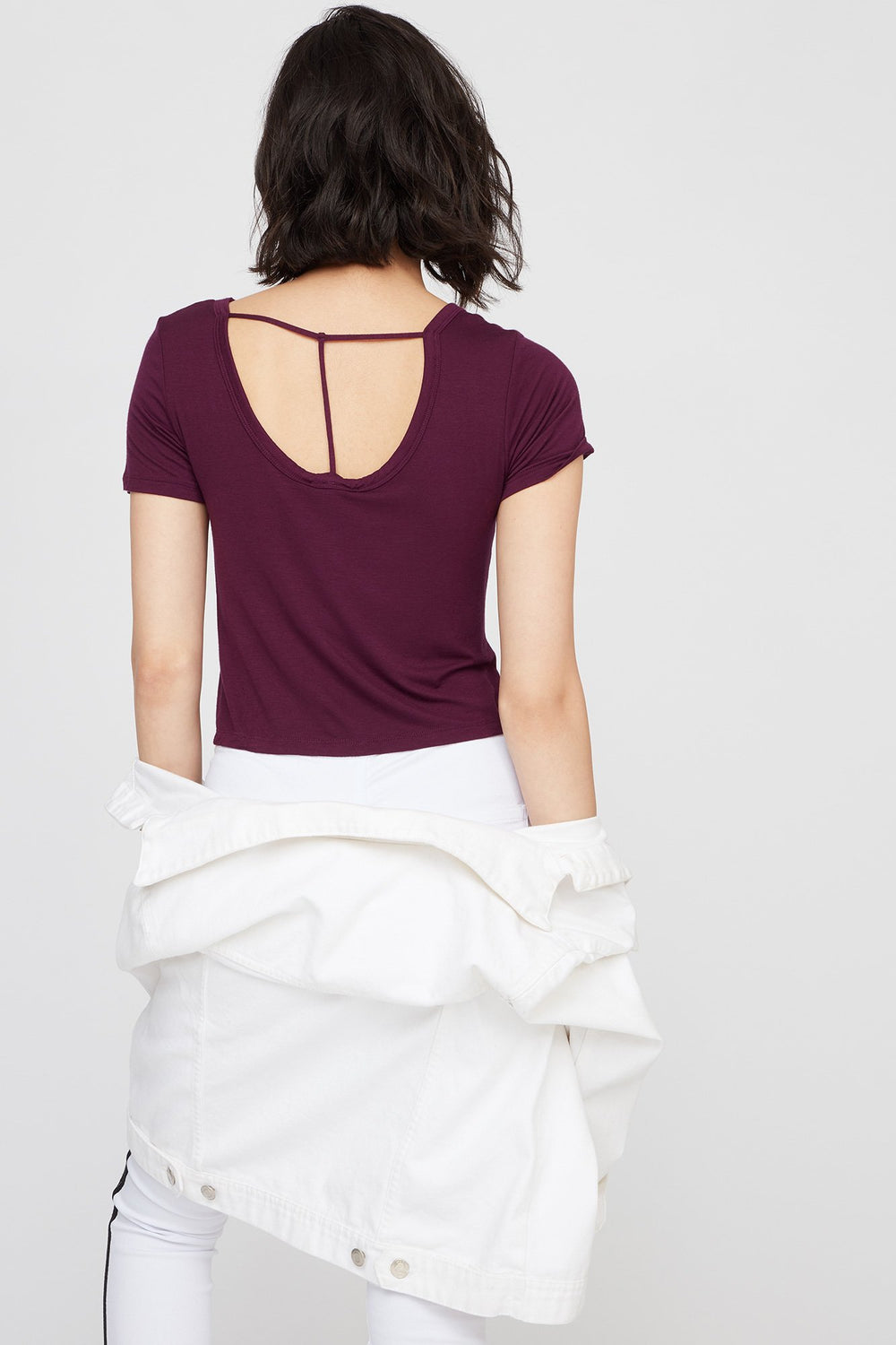 Women T-Back Cropped Scoop Neck T-Shirt Plum