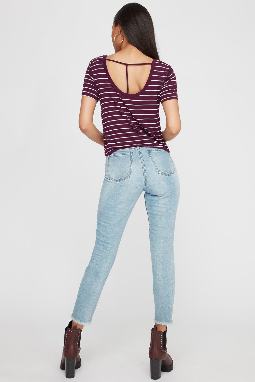 Women T-Back Striped Cropped T-Shirt Plum