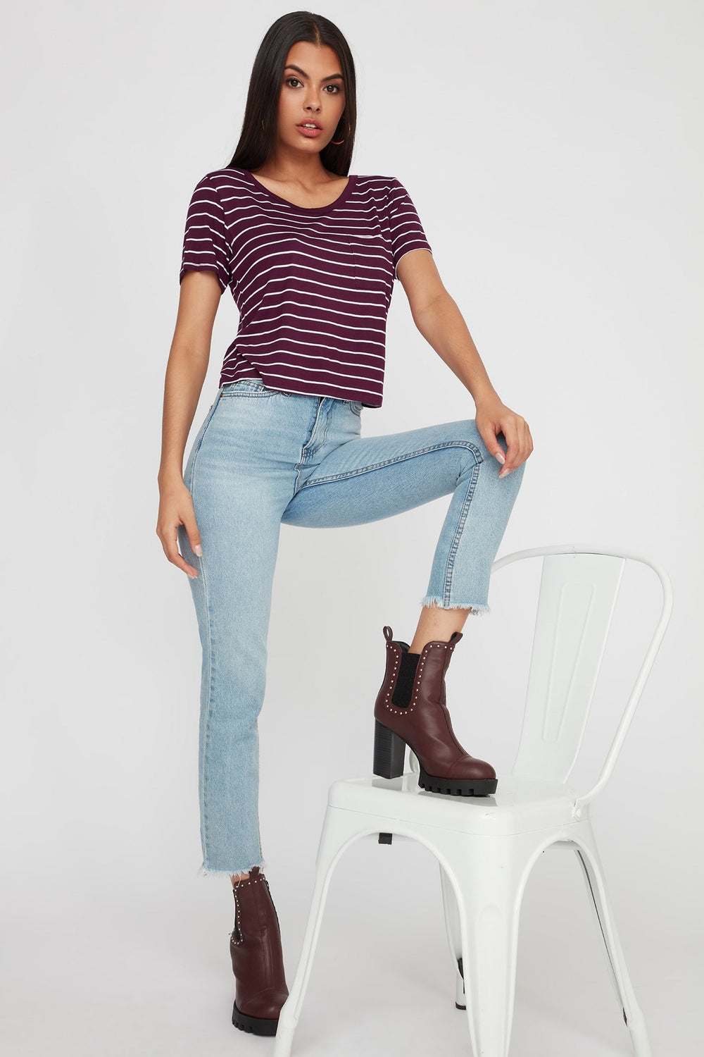 Women T-Back Striped Cropped T-Shirt Plum