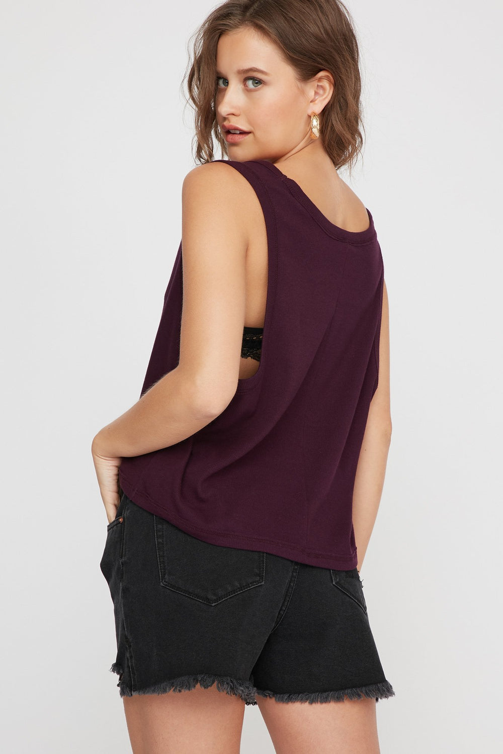 Women V-Neck Knit Oversized Tank Plum