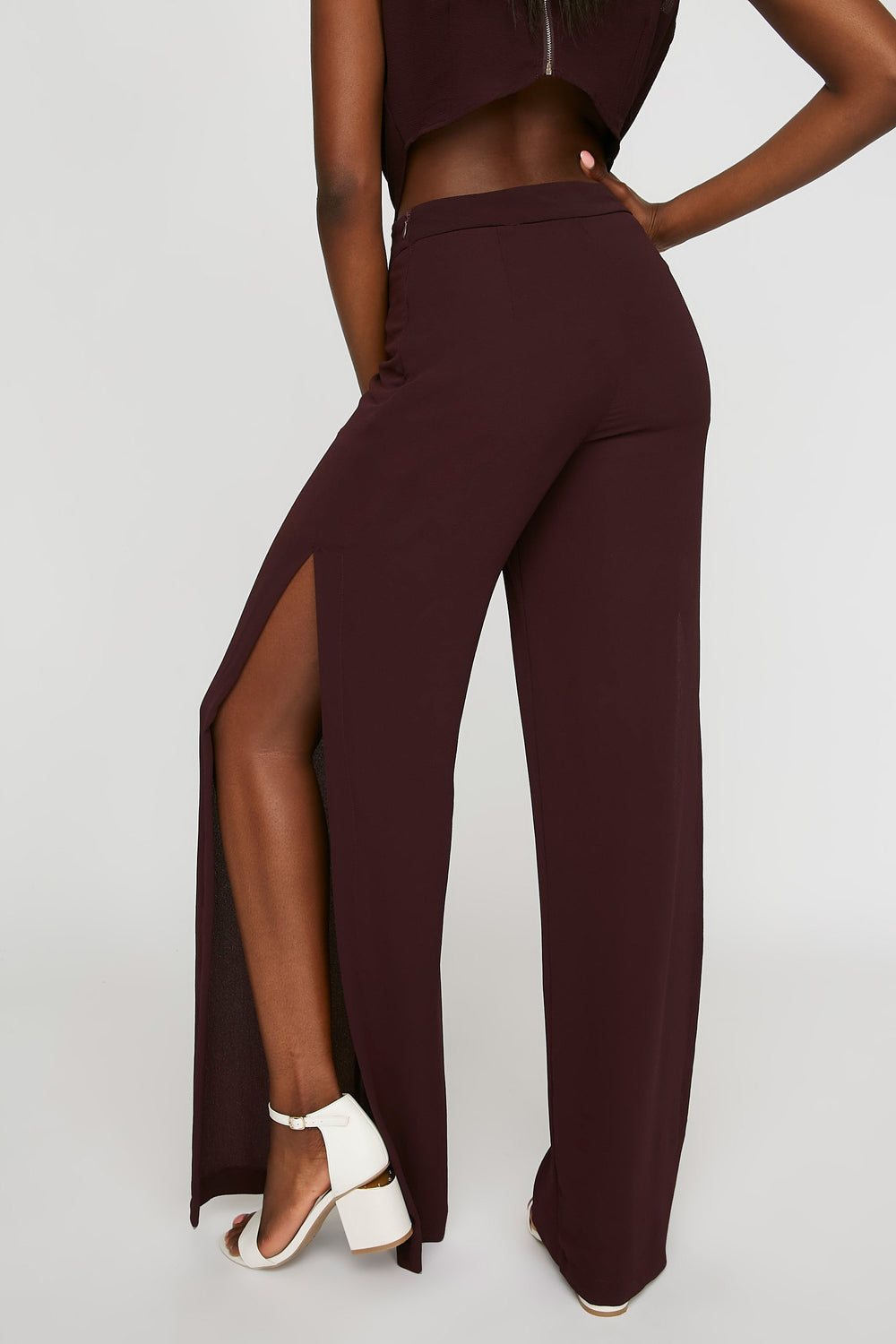 Women Pantalon-jupe à taille haute avec fentes latérales Prune