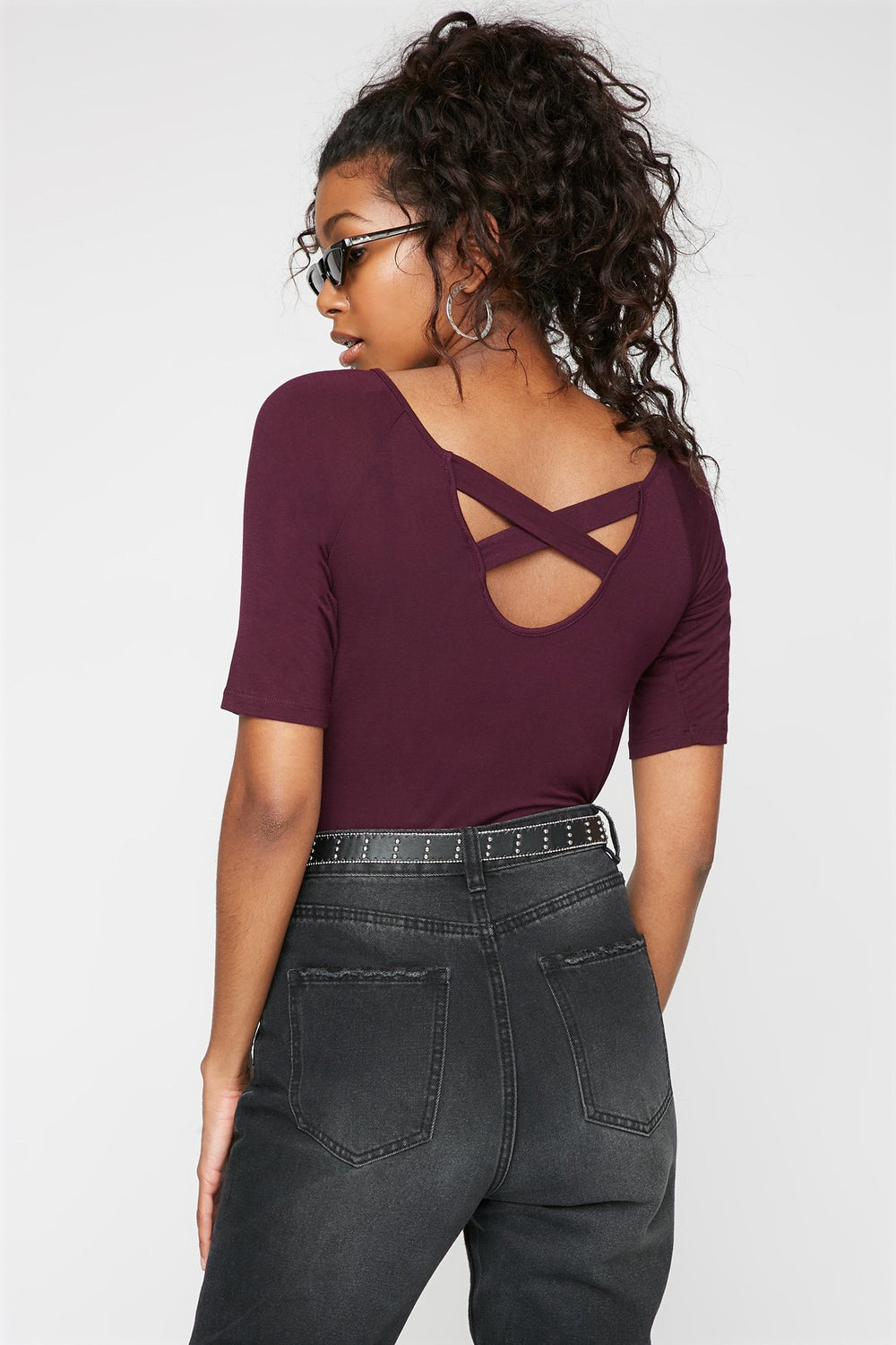 Women T-shirt croisé au dos à encolure arrondie Prune