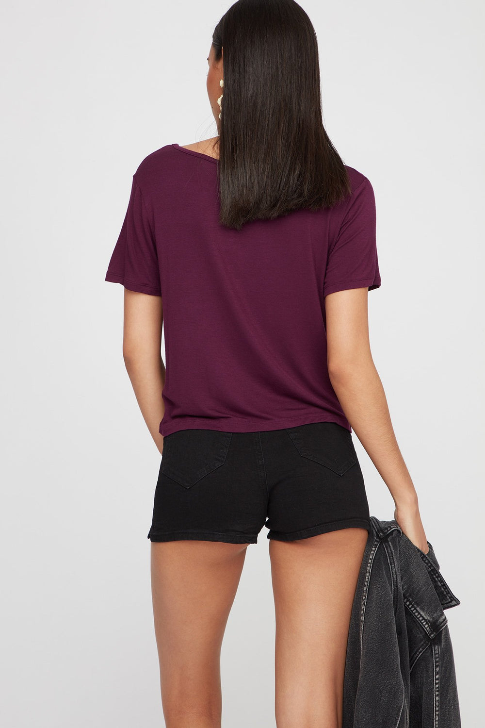 Women T-shirt de base léger à motif de cage au cou Prune
