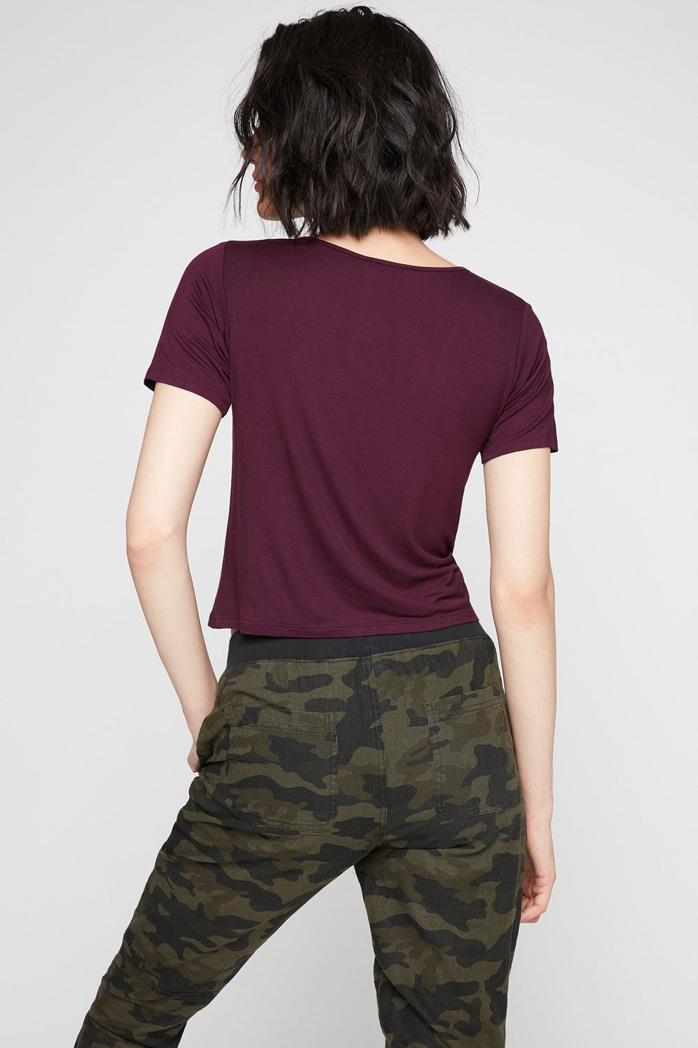 Women T-shirt léger à motif de cage à l'encolure Prune