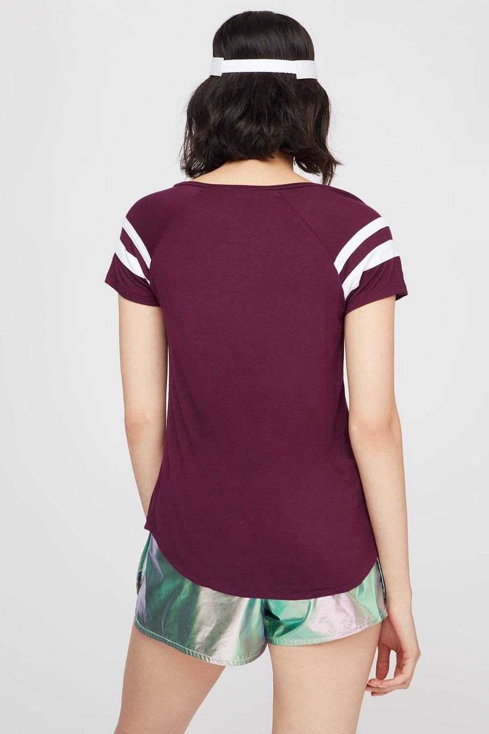 Women T-shirt rayé de style universitaire à encolure en V Prune