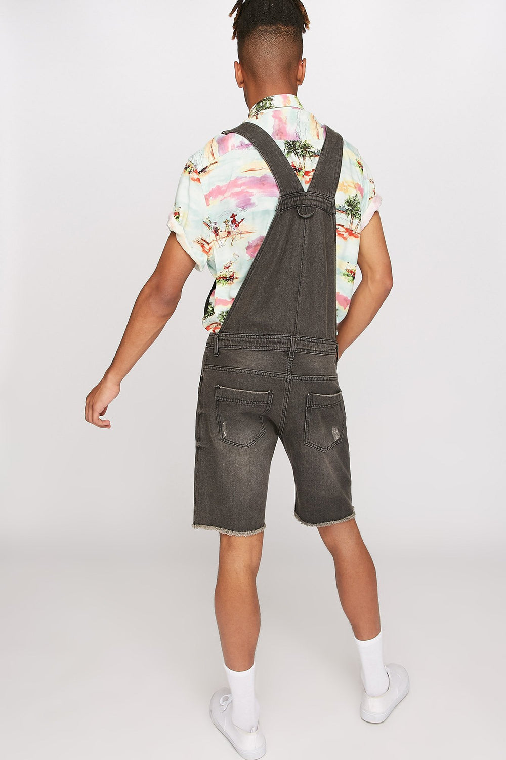 Men Distressed Frayed Hem Shortall Pure Black
