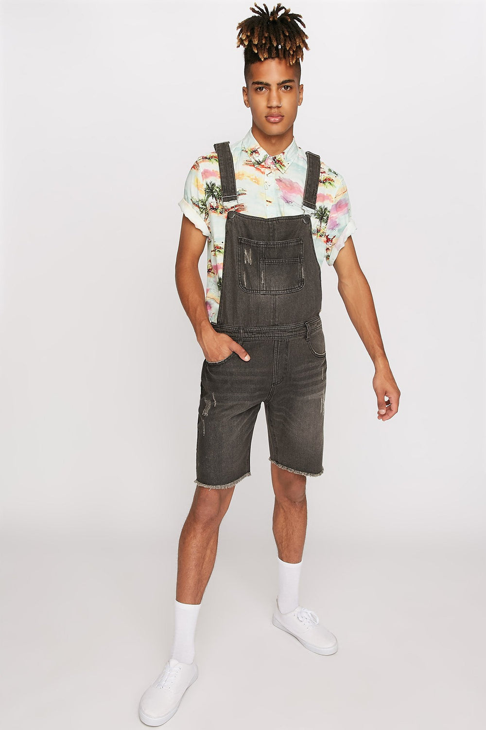 Men Distressed Frayed Hem Shortall Pure Black