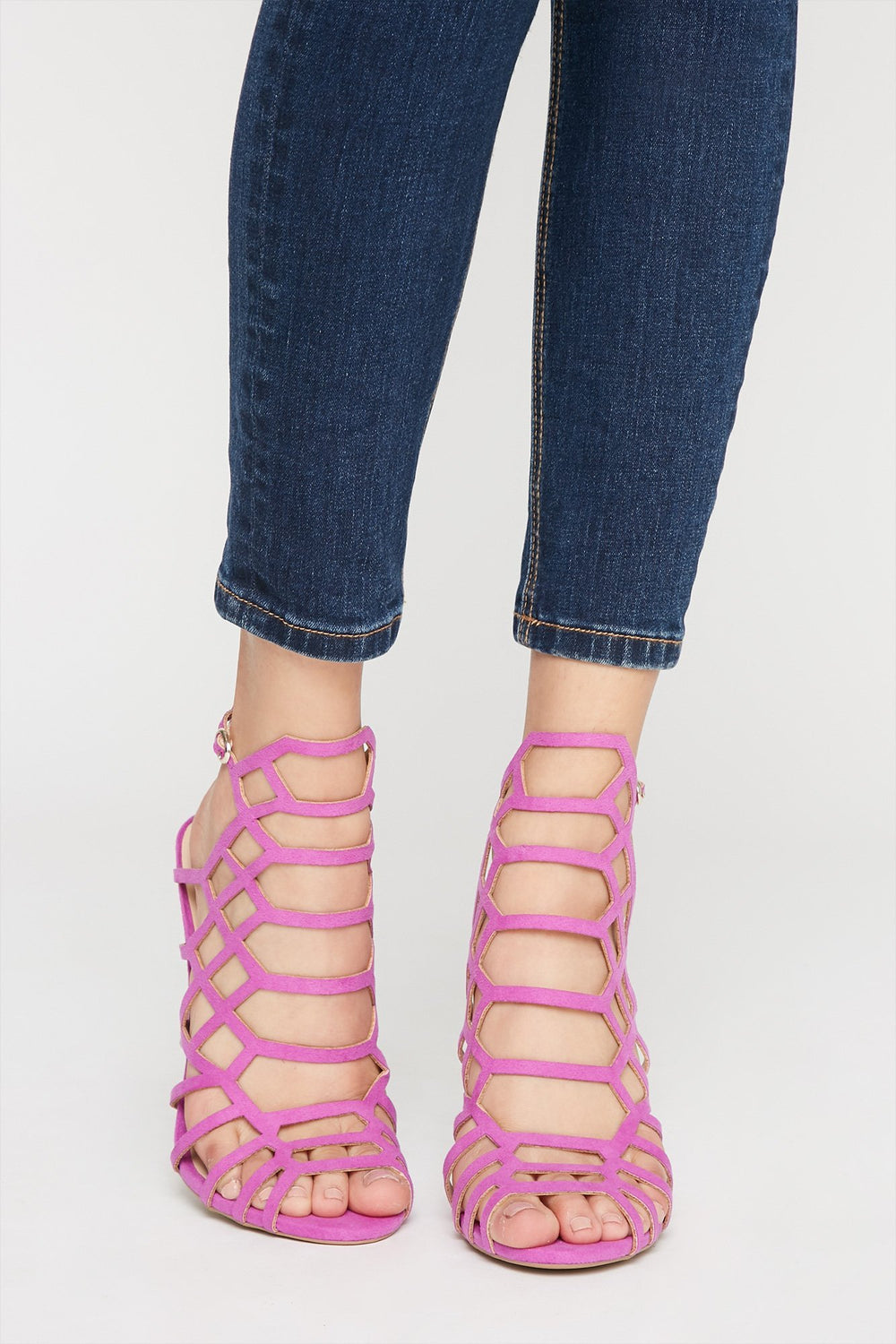 Women Faux-Suede Geometric Caged Stiletto Heel Purple