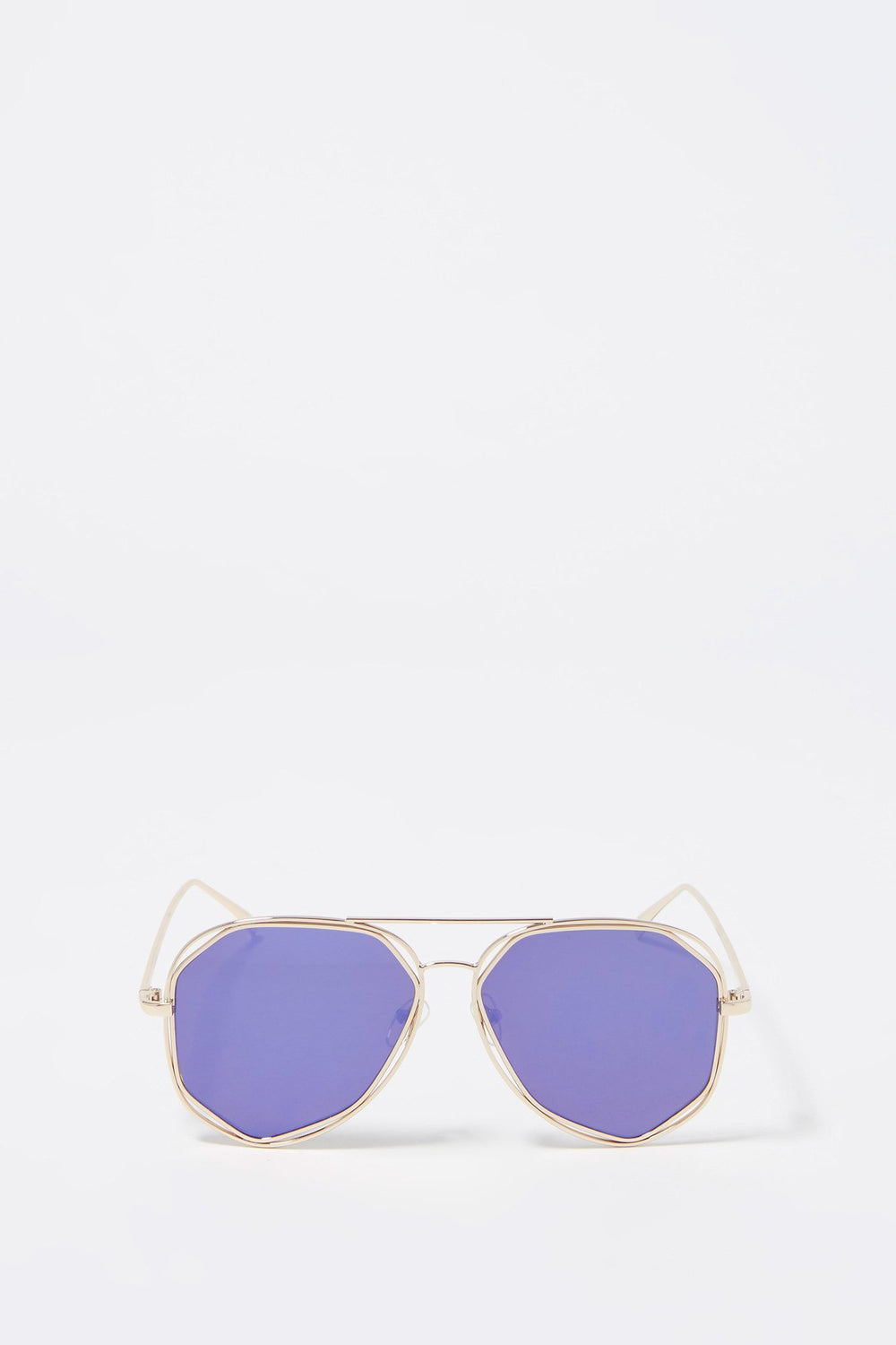 Women Double Brow Bar Geometric Aviator Sunglasses Purple