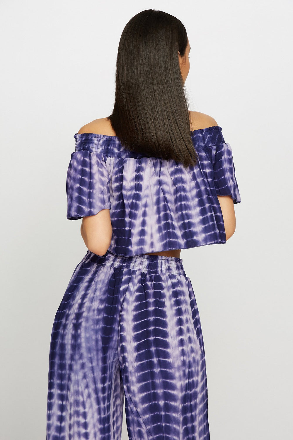 Women Off The Shoulder Smocked Tie-Dye Cropped T-Shirt Purple