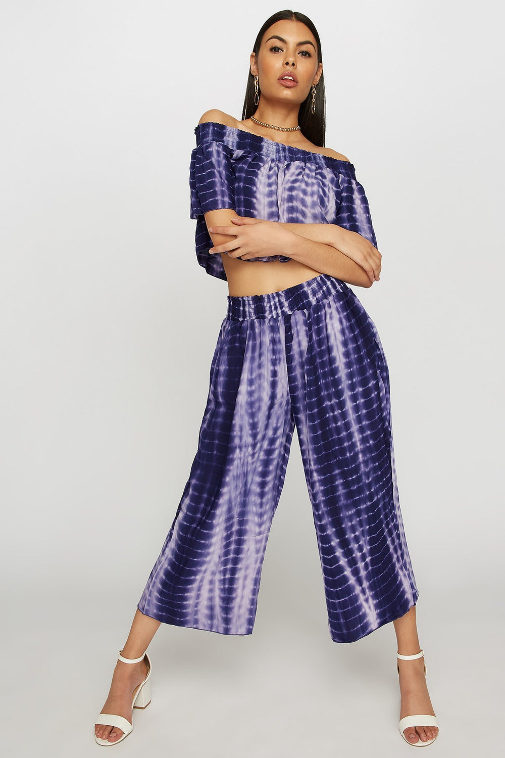 Women Off The Shoulder Smocked Tie-Dye Cropped T-Shirt Purple