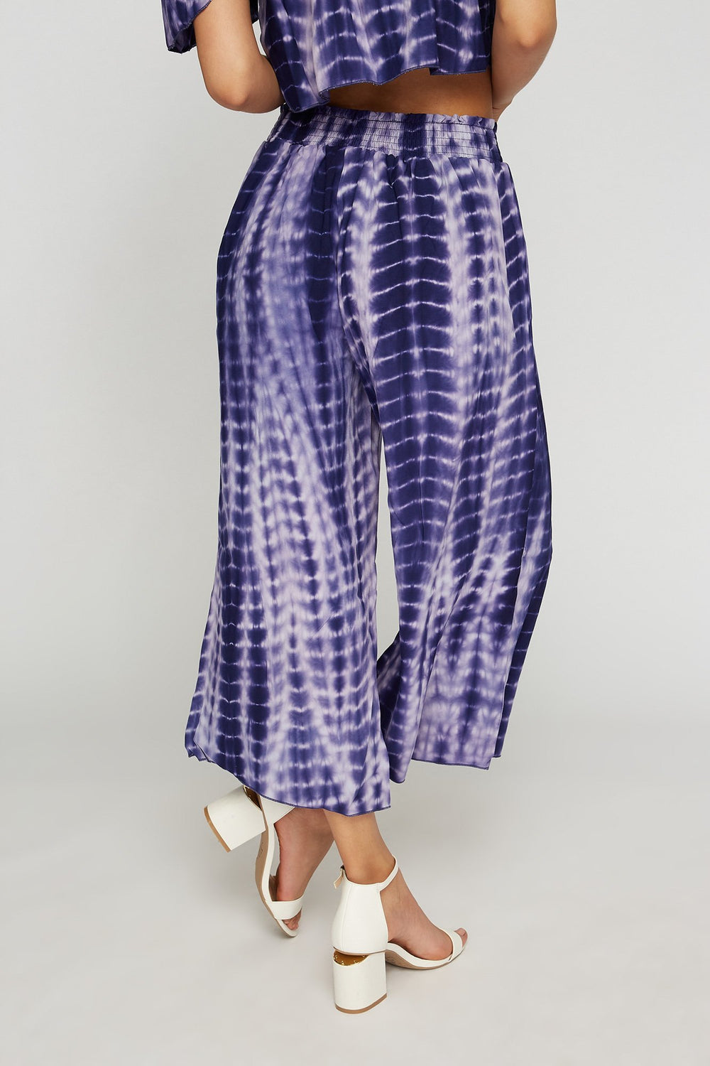 Women Smocked Tie-Dye Culotte Pant Purple