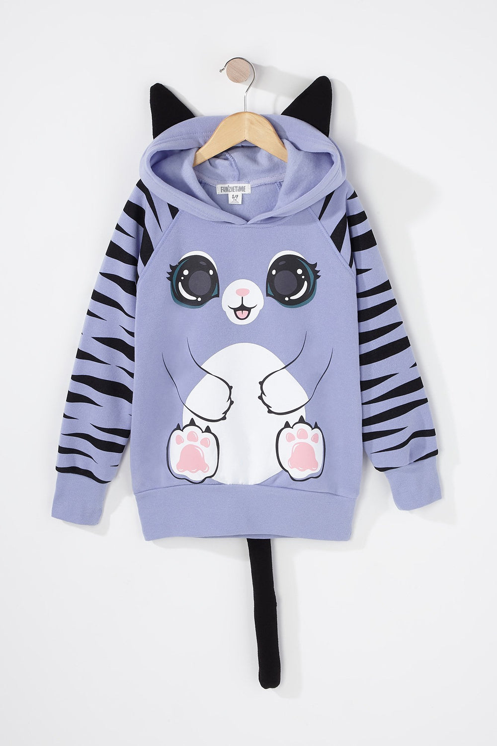 Kids Girls Striped Cat Character Popover Hoodie Purple