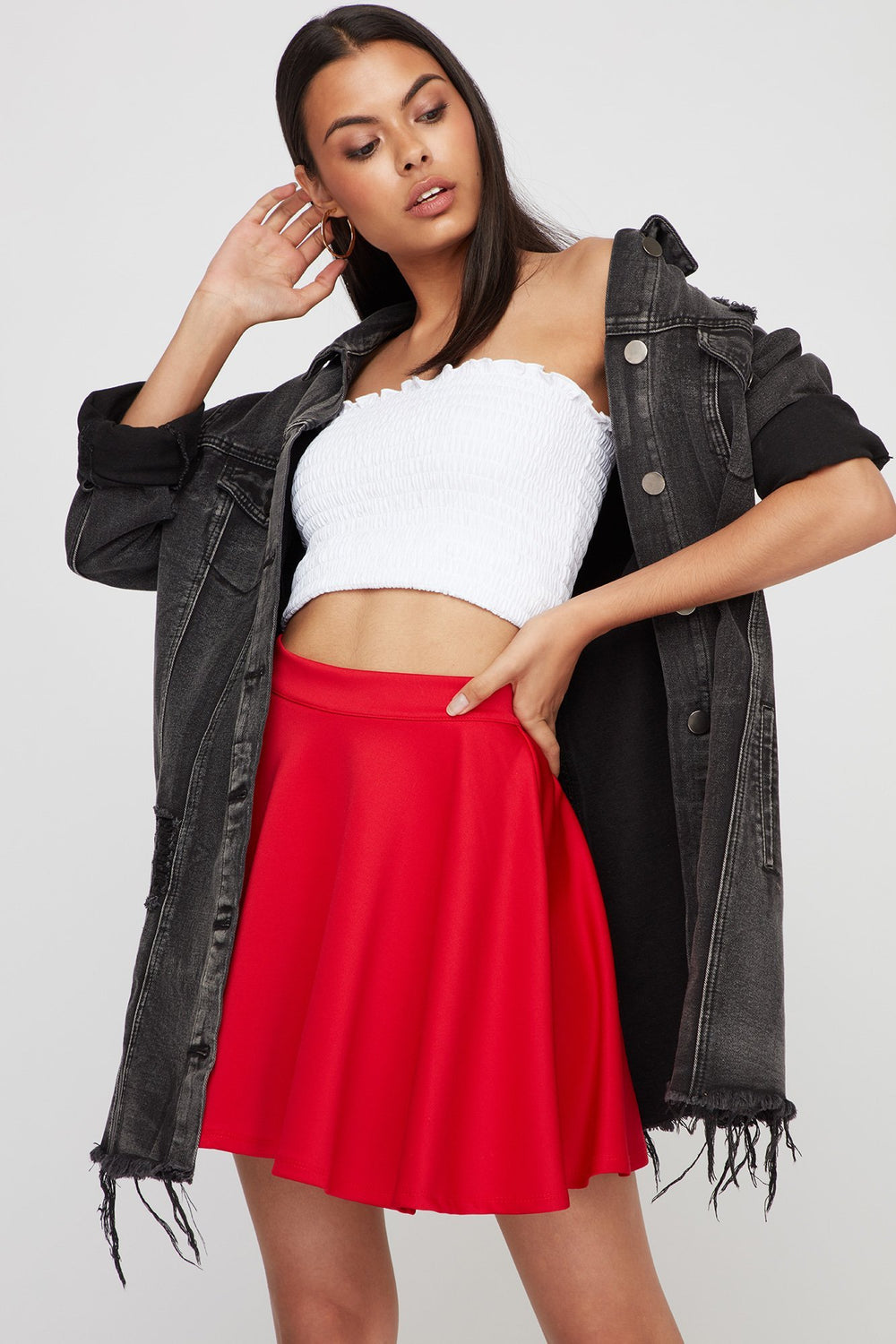 Women Coloured High-Rise Skater Skirt Red