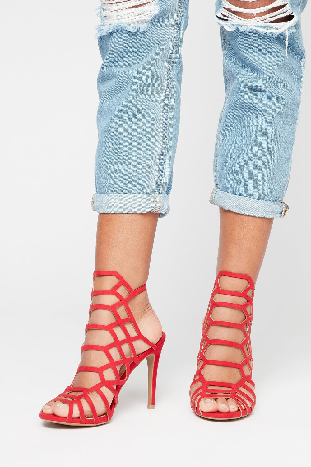 Women Faux-Suede Geometric Caged Stiletto Heel Red