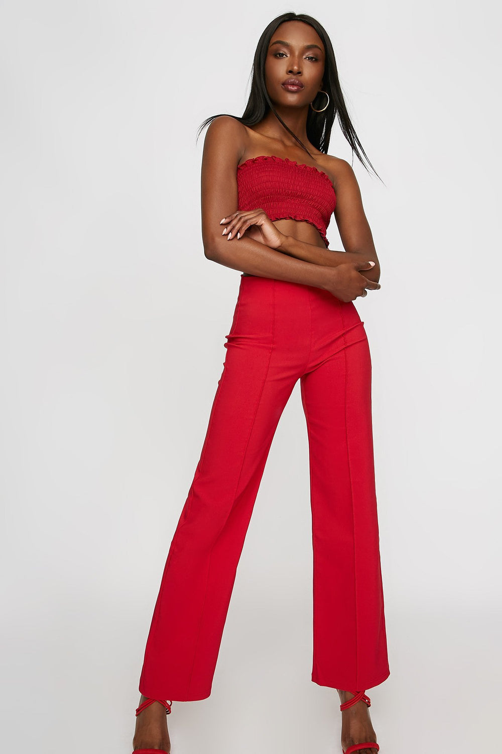 Women High-Rise Pintuck Wide-Leg Pant Red