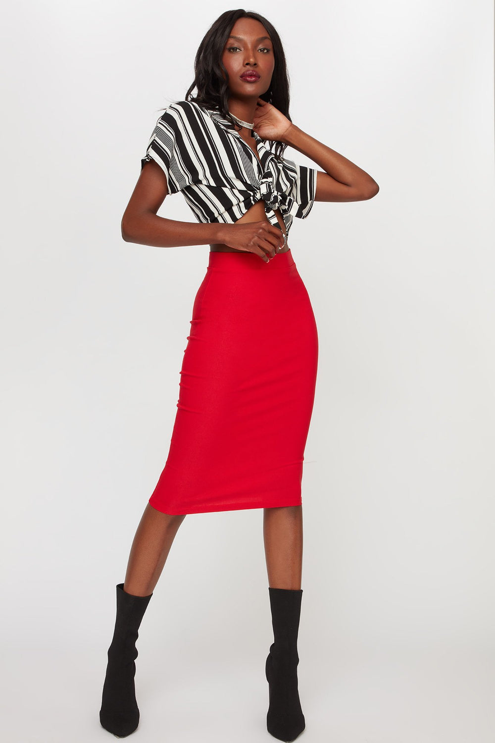 Women High-Rise Pull-On Midi Skirt Red