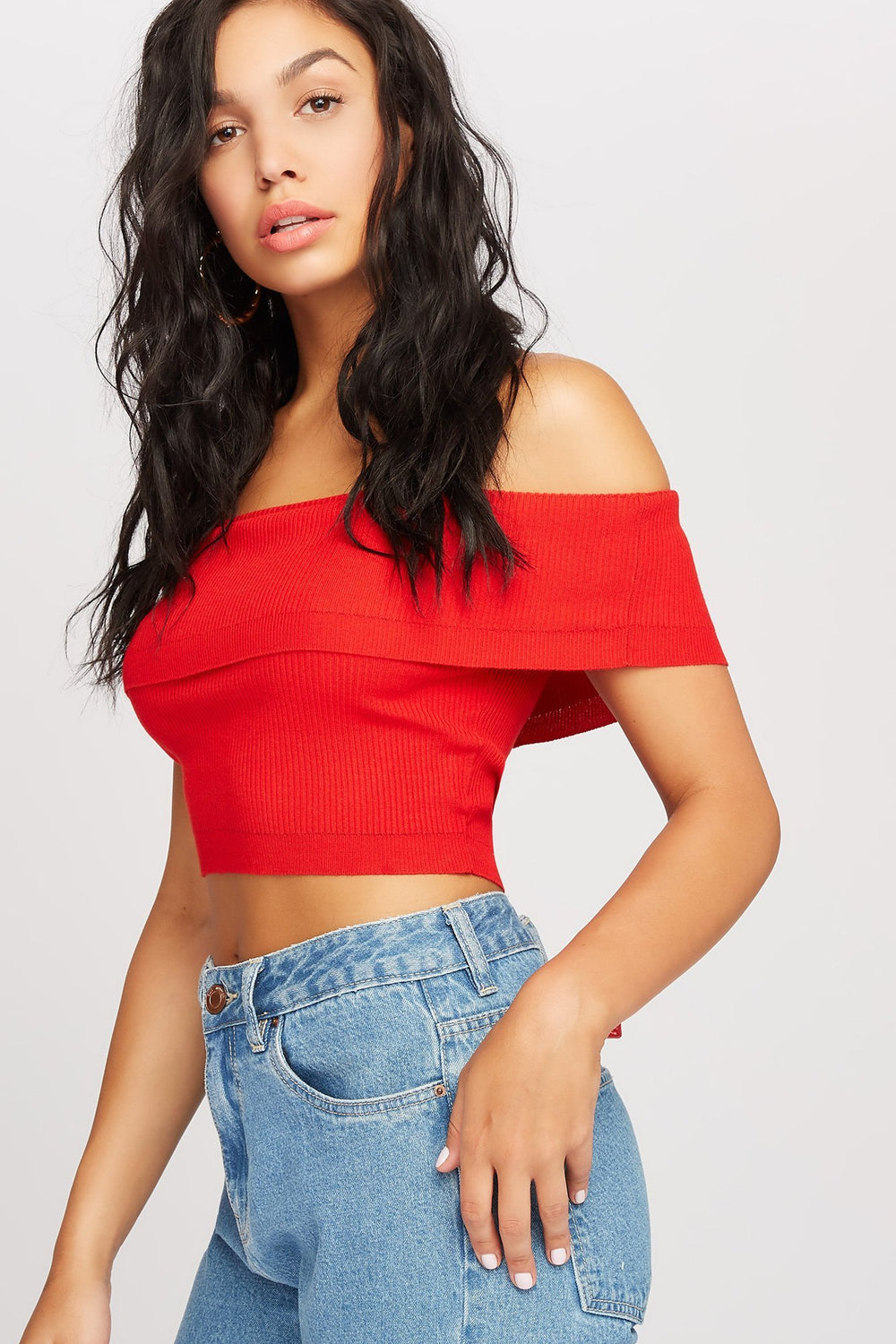 Women Off The Shoulder Fold Ribbed Cropped Blouse Red